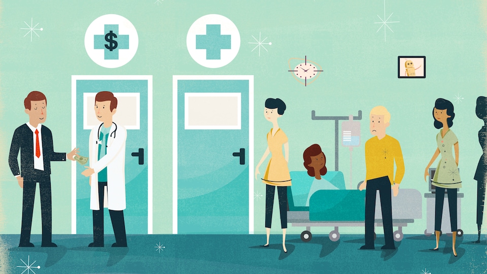 Illustration montrant la file dans une urgence d'hôpital. Un homme bien habillé paye le médecin pour aller plus vite.
