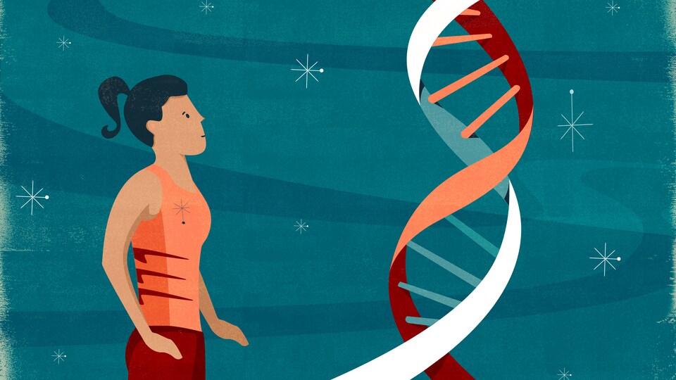 L'illustration présente une athlète regardant un brin géant d'ADN.