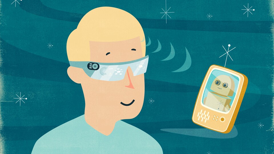 L'illustration présente un homme avec des lunettes de réalité augmentée qui communique par la pensée avec son téléphone cellulaire. 