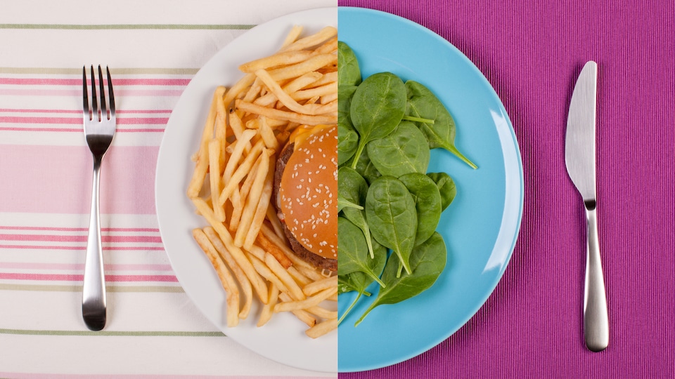 une assiette coupée en deux. À gauche, une assiette remplie d'un hamburger, à droite, des feuilles d'épinard.