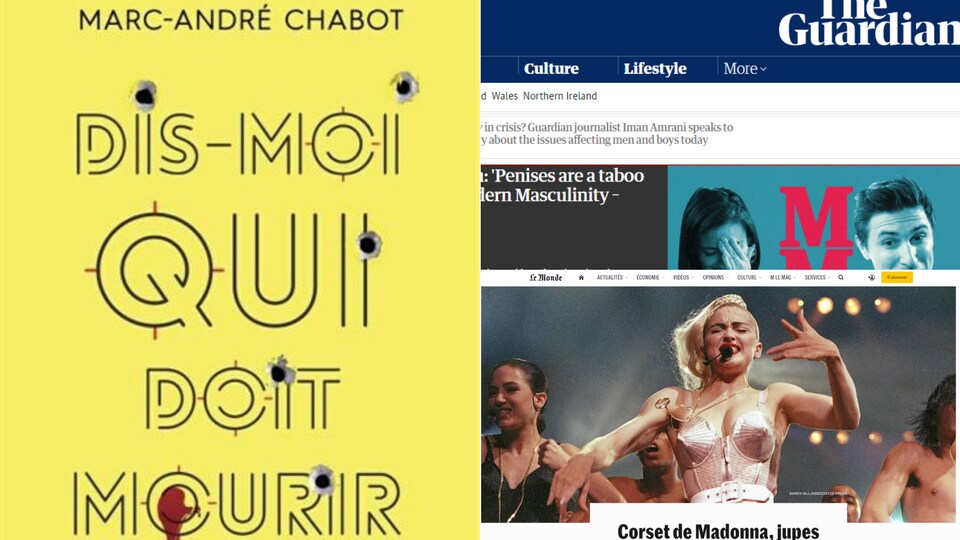 Couverture du roman à gauche et captures d'écran des contenus sur les sites web des deux journaux.