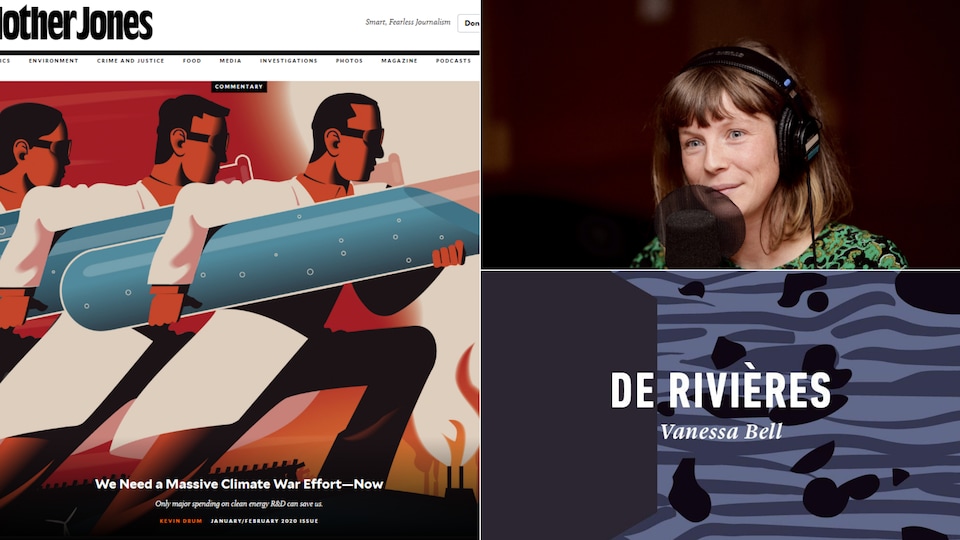 Collage d'images : capture d'écran de la couverture de l'article sur le site web de Mother Jones, une photo de Vanessa Bell en studio et la jaquette de son recueil de poèmes.