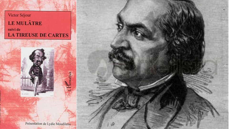 À gauche, couverture du livre Le Mulâtre aux éditions L'Harmattan; à droite, portrait graphique de Victor Séjour.