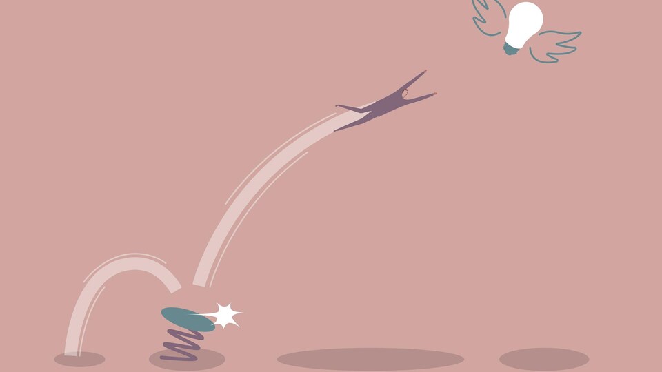 Une illustration montre un homme qui rebondit vers la lumière.