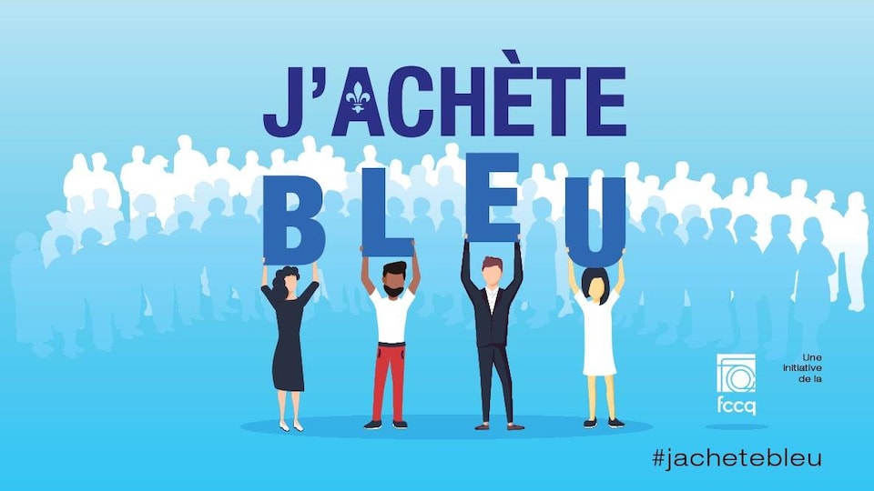 Affiche de la campagne J'achète bleu de la Fédération des chambres de commerce du Québec (on aperçoit 4 personnages avec le nom de la camapgne)