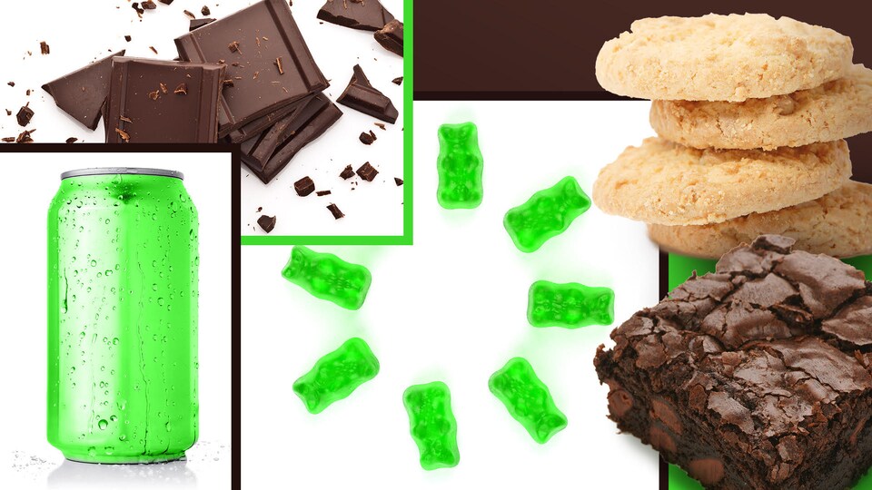 Plusieurs aliments à base de cannabis, dont des brownies et des biscuits.
