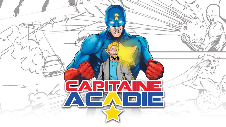 Illustration d'un superhéros et du logo de son nom devant des dessins de bande dessinée.