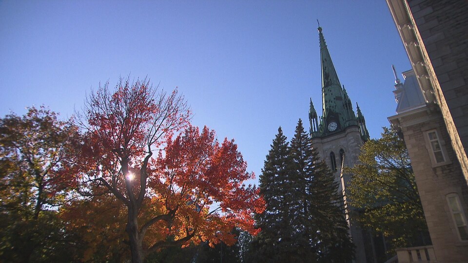 Le clocher d'une cathédrale qui pointe vers un ciel ensoleillé.