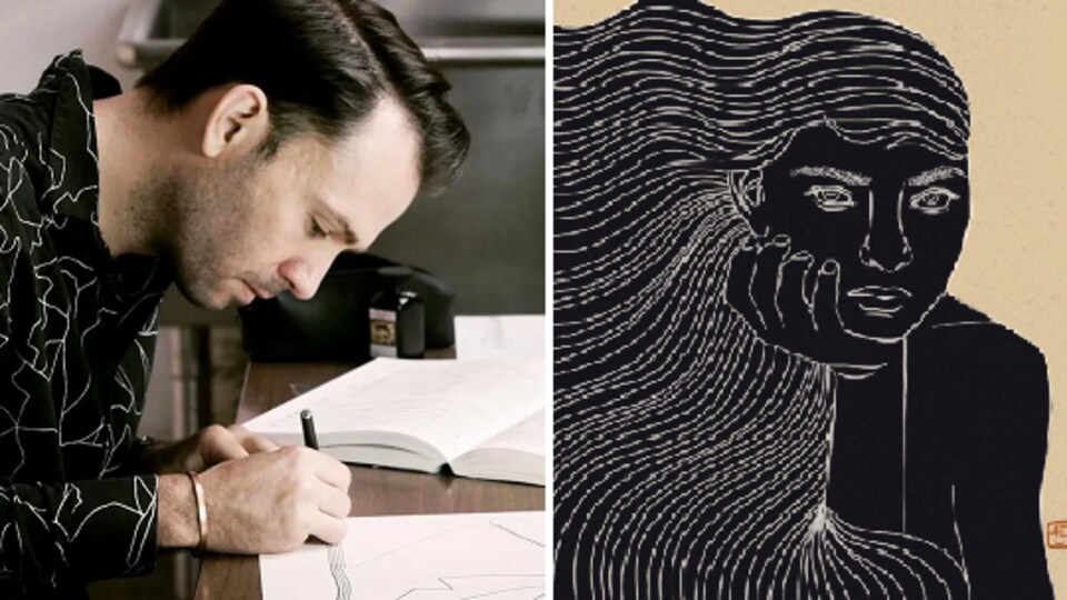 Le chef adjoint de l'Orchestre Symphonique de Vancouver Andrew Crust et l'un de ses dessins,
