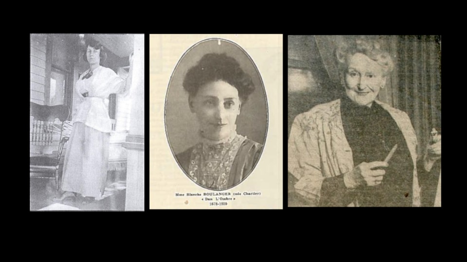 Trois pionnières du journalisme franco en Alberta: Magali Michelet (Magali), Blanche Boulanger (Dan l'Ombre) et Emma Morrier,(Madrina).