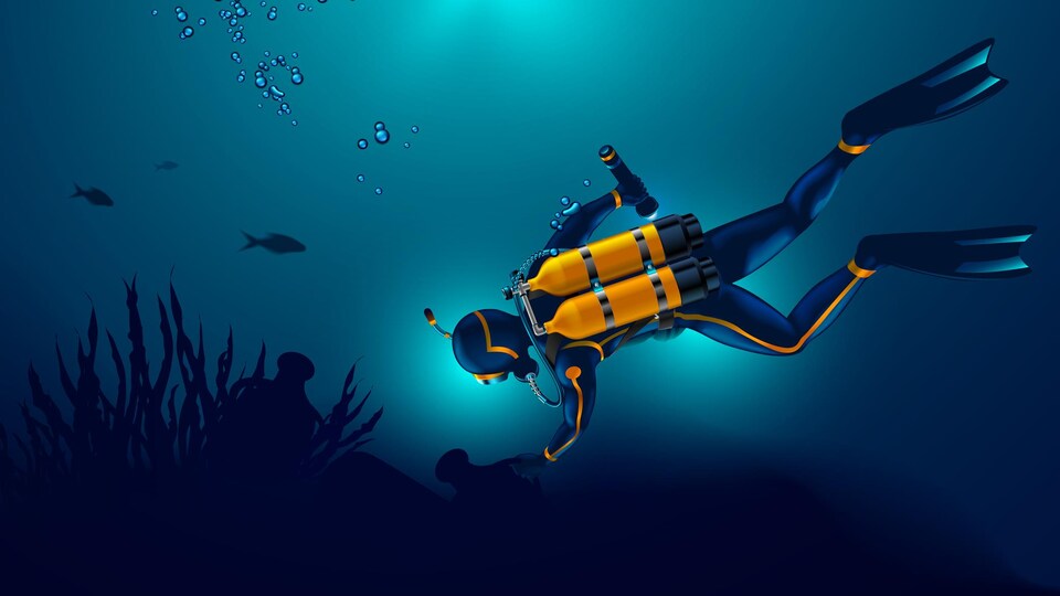 Une illustration montre une archéologue subaquatique dans le fond d'une mer.