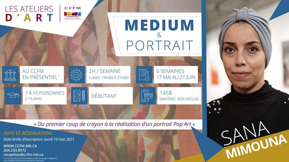 L'affiche des ateliers d'art proposés par Sana Mimouna au CCFM de Winnipeg.