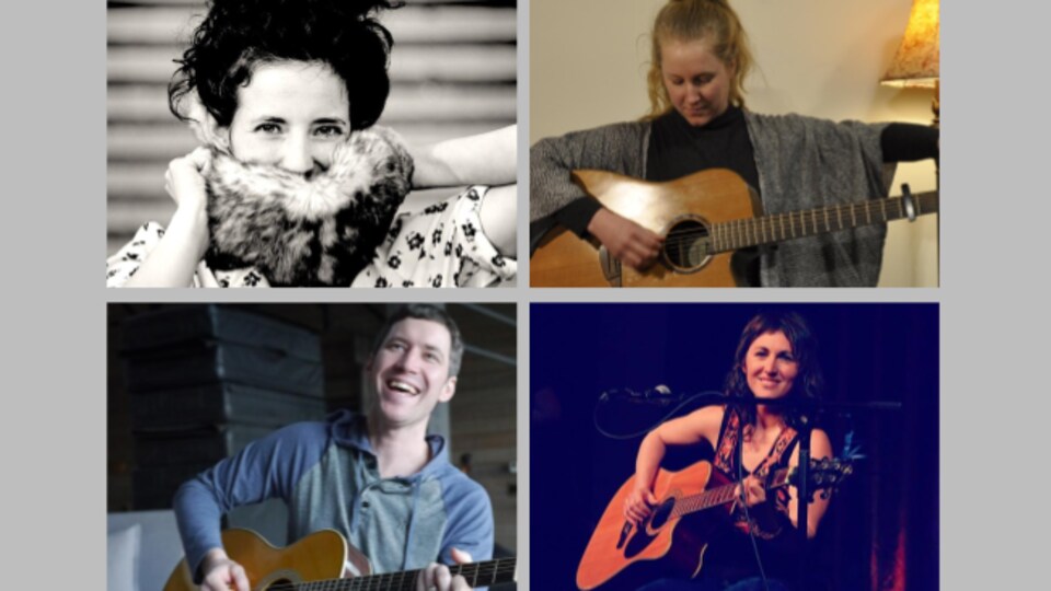 3 femmes et un homme, la guitare à la main