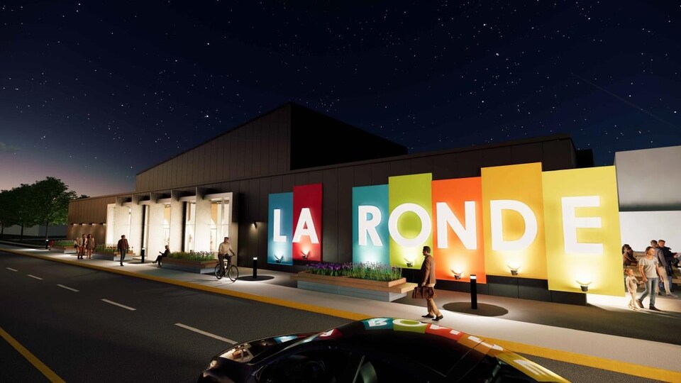 Des plans pour l'entrée du nouvel édifice du Centre Culturel La Ronde, vu de nuit.