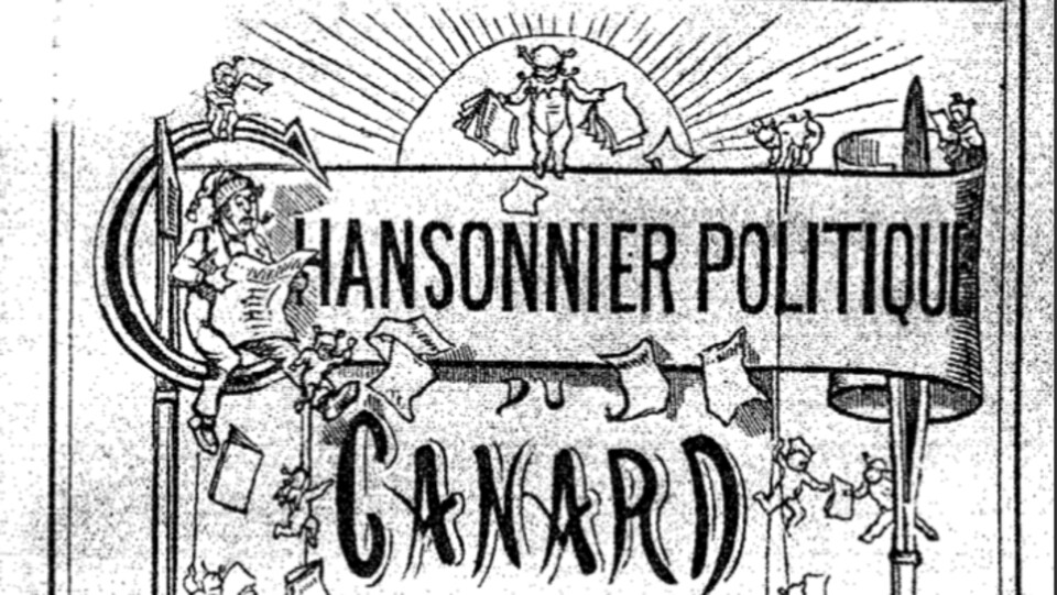 Impression en noir et blanc portant le titre « Chansonnier politique du Canard » et montrant des illustrations de chérubins tenant des feuilles de papier.
