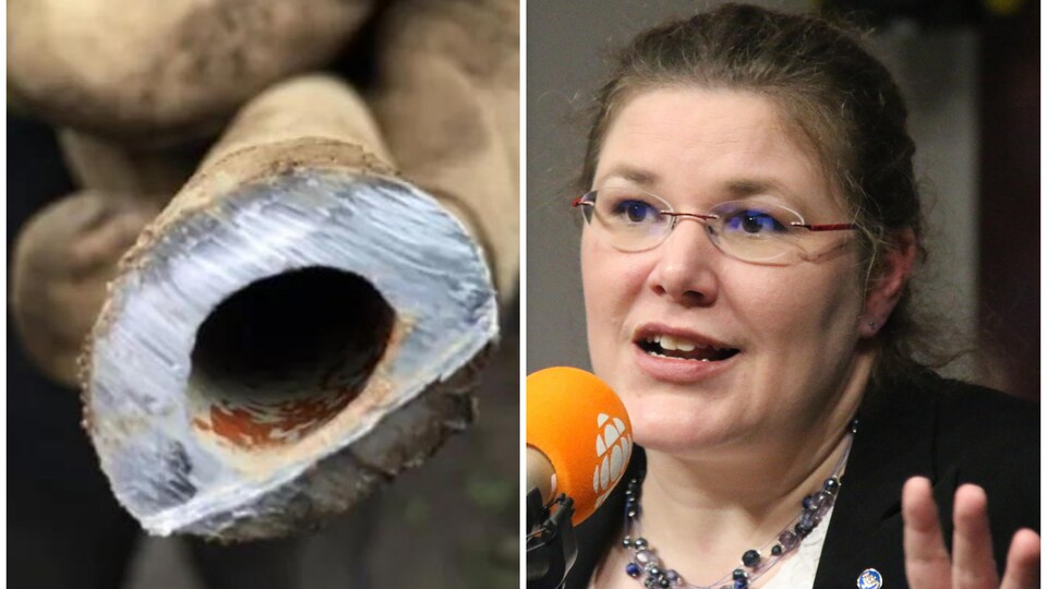 Photomontage avec d'un côté un tuyau de plomb et de l'autre une femme qui parle au micro.