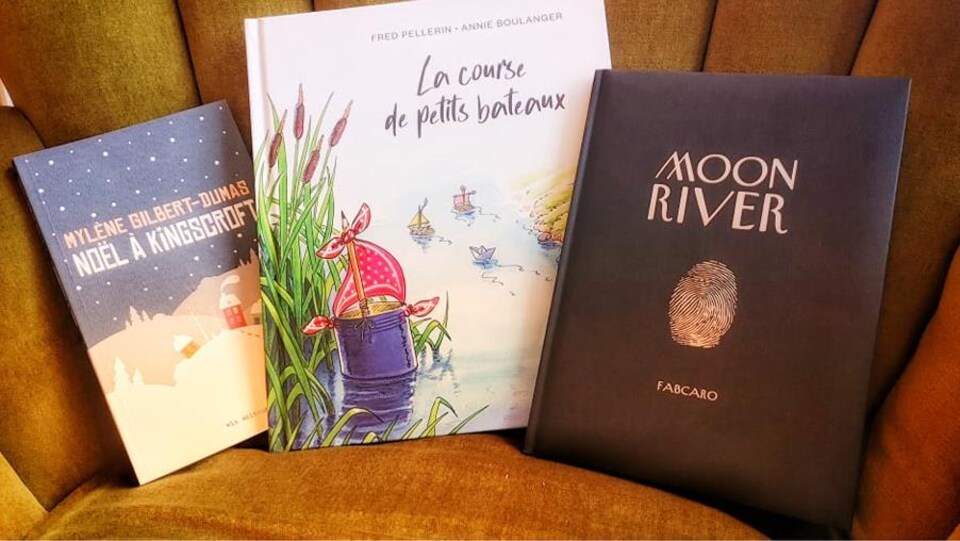 Trois livres sont posées sur un sofa.