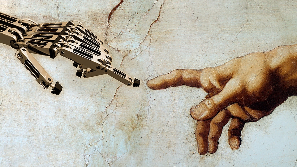 Une main de robot touche une main d'humain du bout du doigt.