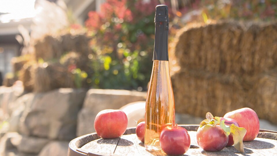 Un bouteille de cidre sur un tonneau avec des pommes.