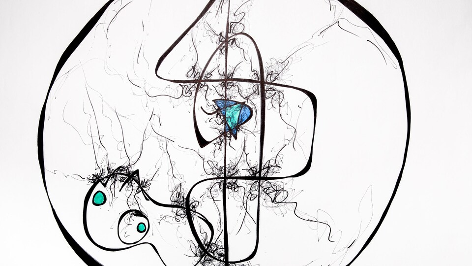 Dessin signé Cindy Mae Arsenault, tiré de l'exposition A U R A
