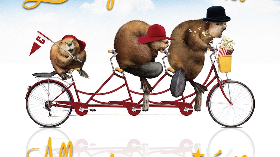 trois castors qui pédale sur un vélo à trois sièges, nous pouvons aussi voir les mots ; allons tous au cinéma.