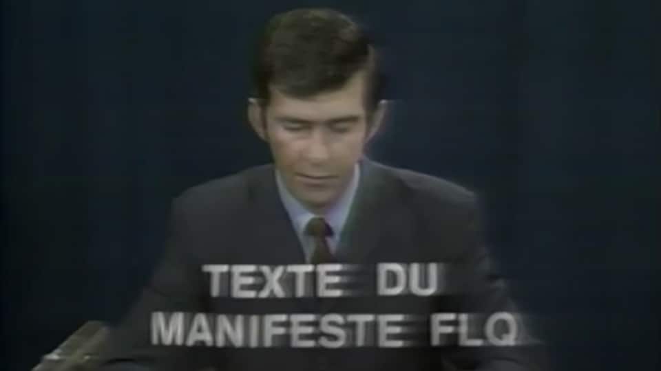 L'annonceur Gaétan Montreuil lisant le Manifeste du PLQ le 8 octobre 1970.  