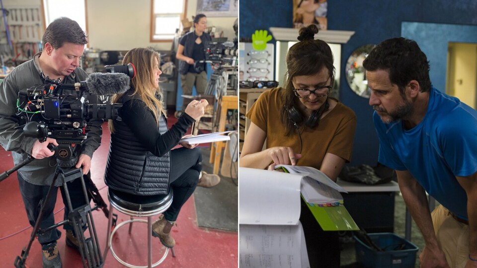 Montage photo : Marie-France Guerrette assis sur un banc à côté d'un caméraman pendant un tournage et Jessica en discussion avec son collègue et caméraman pendant la lecture d'un script.