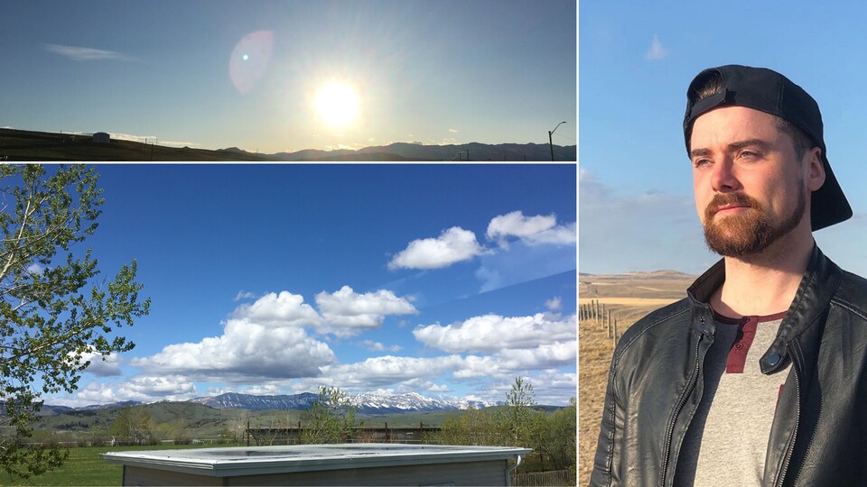 Montage photo avec un ranch aux piémonts des Rocheuses (à gauche) et Isaiah debout dans un champ.