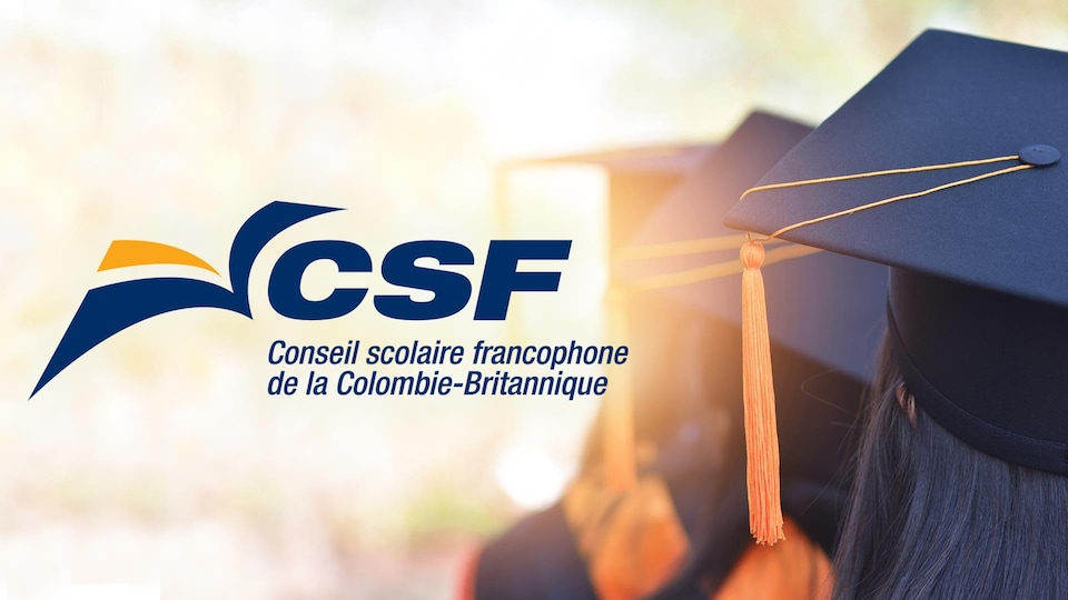 infographie: le logo du Conseil scolaire francophone et une photo d'un chapeau de cérémonie de finissants de l'école secondaire.