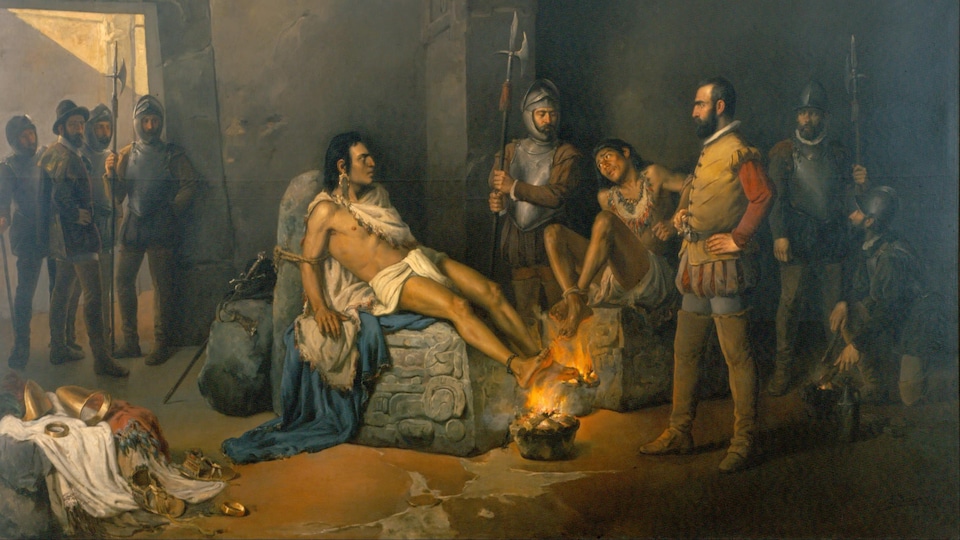 Le dirigeant aztèque Cuauhtémoc est torturé dans un tableau de Leandro Izaguirre.