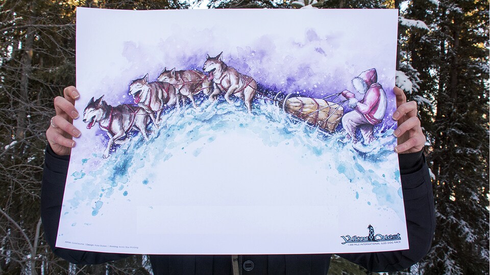 Une illustration de Gorellaume, artiste de Whitehorse, pour la course Yukon Quest ou l'on voit des chiens tirant un traîneau.