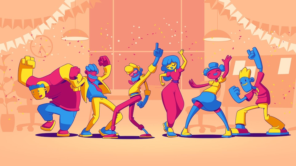 People dance and have fun on office party. Vector illustration in contemporary style with funny employee characters, company team persons celebrating holiday and dancing