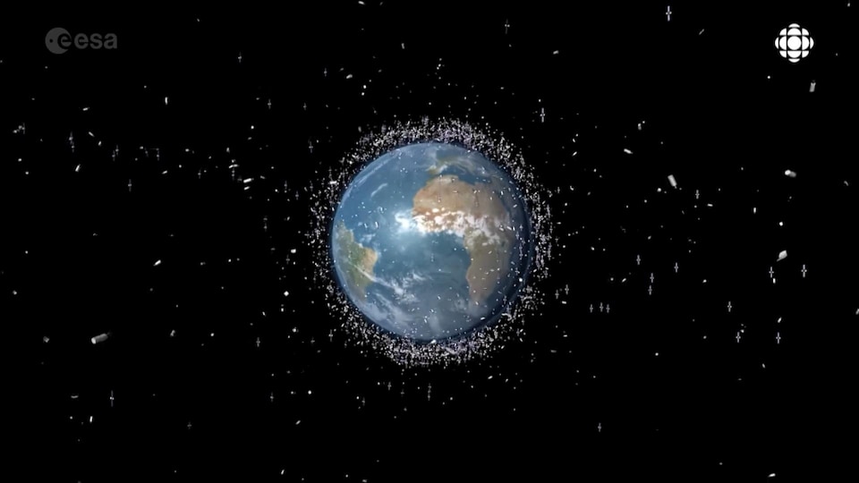 Photomontage montrant la Terre entourée de millions de débris spatiaux
