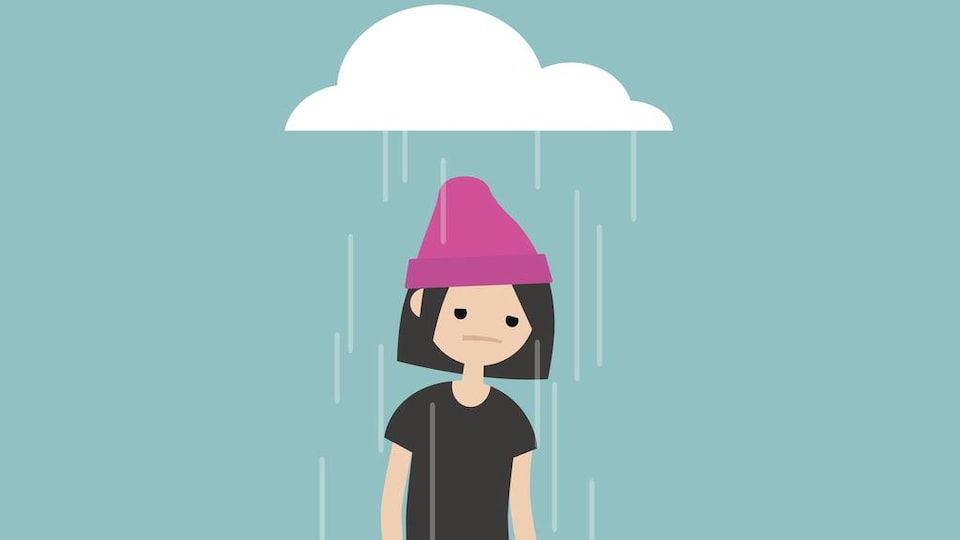 Illustration d'une jeune femme qui se promène sous un nuage de pluie.