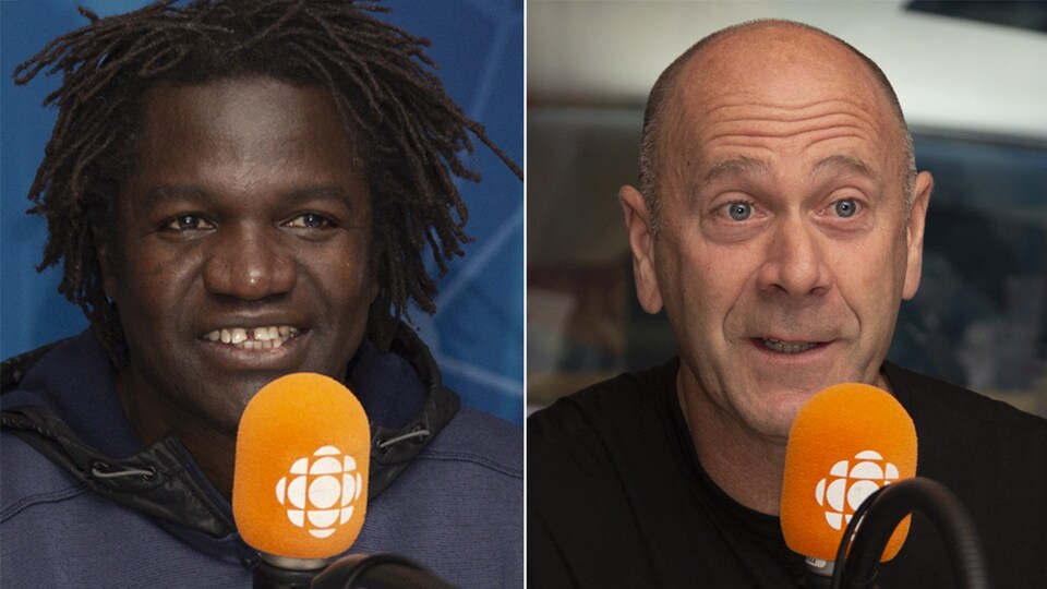 Boucar Diouf et Mario Cyr au studio 17 de Radio-Canada, à Montréal, le 14 octobre 2018.