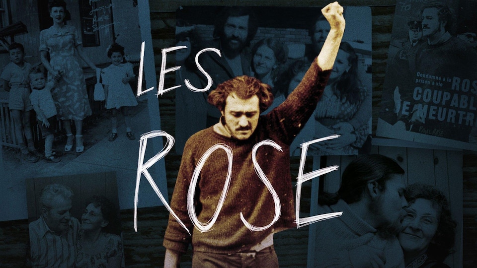 Photo d'un homme qui lève le poing en l'air, en surimpression sur des photos de famille, avec le titre « Les Rose ». 