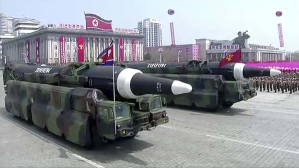Des missiles défilant à l'occasion du Jour du soleil, à Pyongyang.