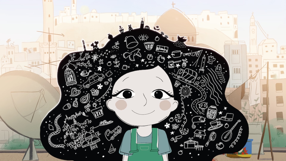 L'illustration officielle du film « Dounia », un dessin d'une petite fille aux cheveux noirs avec pleins d'images dans la tête