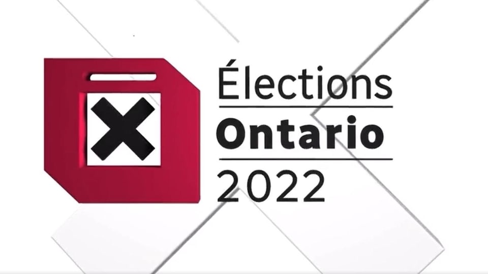 Montage graphique qui présente une boîte de scrutin stylisée avec la mention : Élections Ontario 2022.