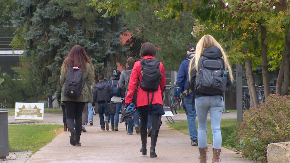 Des étudiants qui marchent sur le campus de l'Université de l'Alberta.
