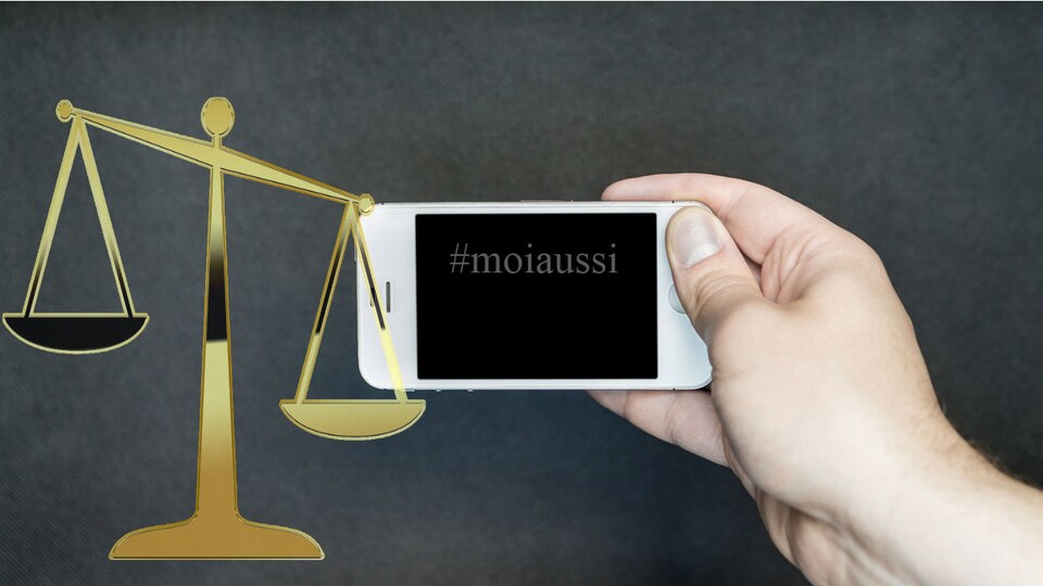 Une balance représentant la justice et un téléphone cellulaire où il est indiqué #MoiAussi