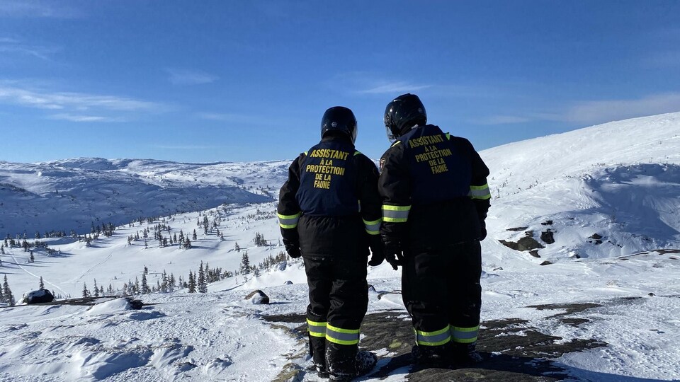 Deux hommes en haut d'un sommet regardent la vue époustouflante.