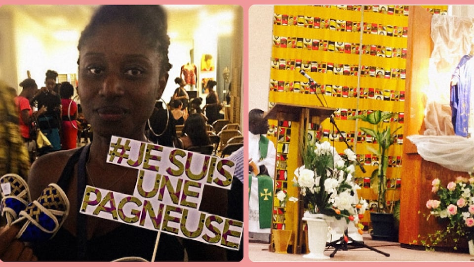 Jeune participante à la vente de Nana wax tenant une pancarte où il est écrit: « Je suis pagneuse ».  Et, un mur de l’église Notre-Dame-d’Afrique de Montréal recouvert de ce tissus coloré.