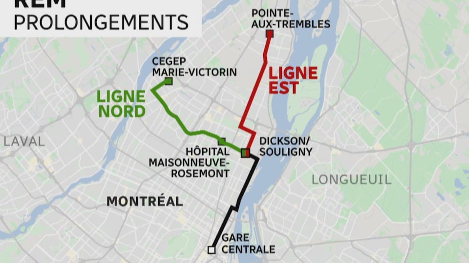 Un plan de Montréal schématisant les nouveaux tracés du REM.