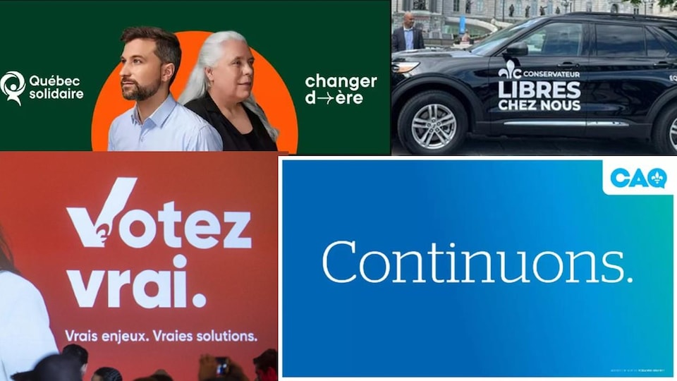 Les différents slogans des partis politiques du Québec 
QS – changer d'ère, PCQ – Libres chez nous, PLQ – Votez vrai, CAQ – Continuons