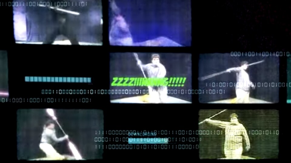 Plan illustrant dans de multiples écrans des séquences de la vidéo virale du Star War Kids publiée sur Internet. 