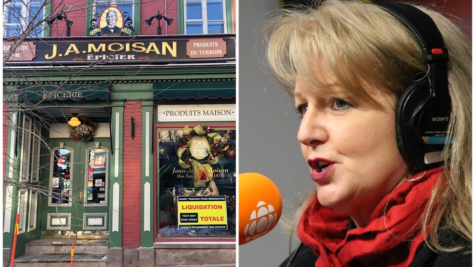 Devanture d'une épicerie et portrait d'une femme aux cheveux blonds et à l'écharpe rouge.