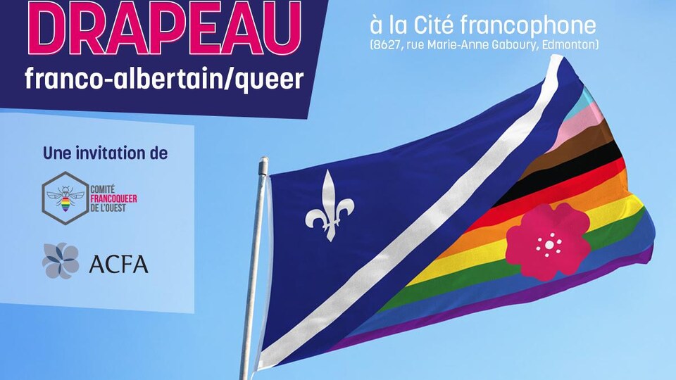 L'affiche annonçant l'événement avec une photo du drapeau franco-albertain queer.