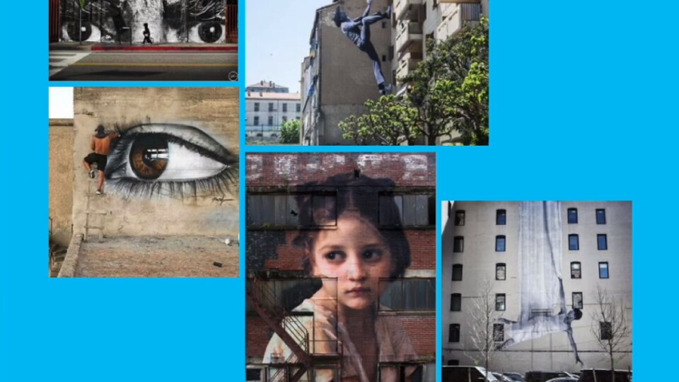 Des œuvres d'art urbain sur des façades de bâtiments.