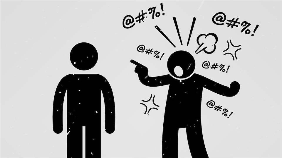 Dessin de deux bonhommes dont un entouré de symbole symbolisant des paroles verbales